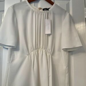 Short Sleeve Gathered Waist Midi Dress in White